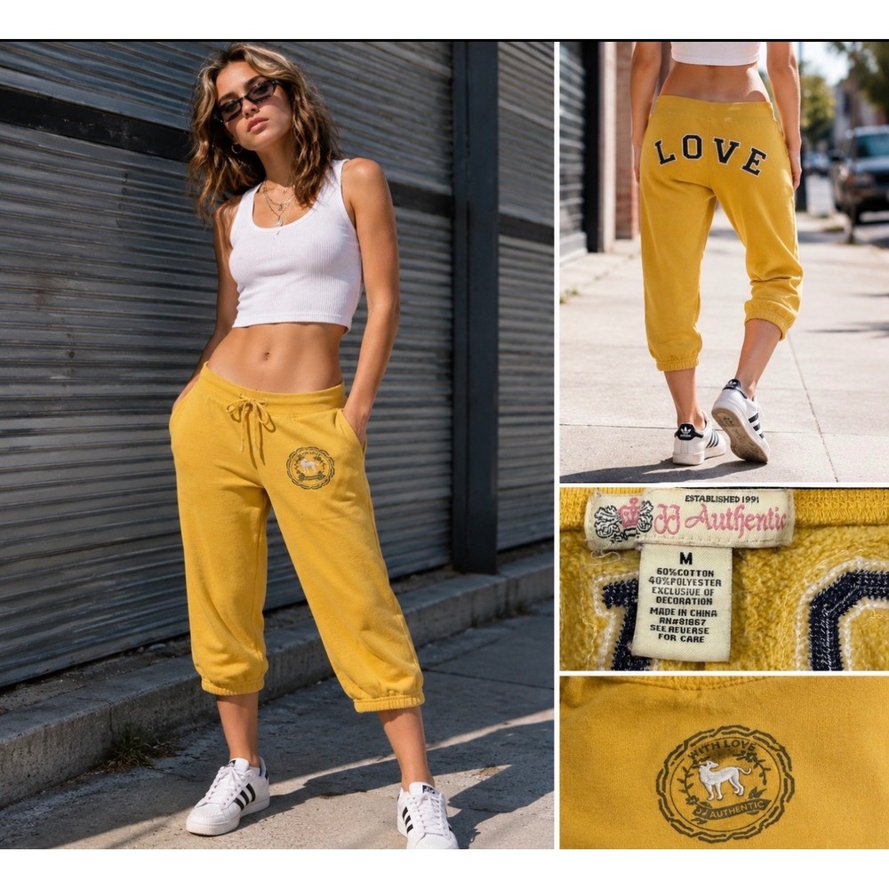 JJ Authentic Mustard Yellow LOVE Graphic Cropped Sweatpants Joggers Women Medium